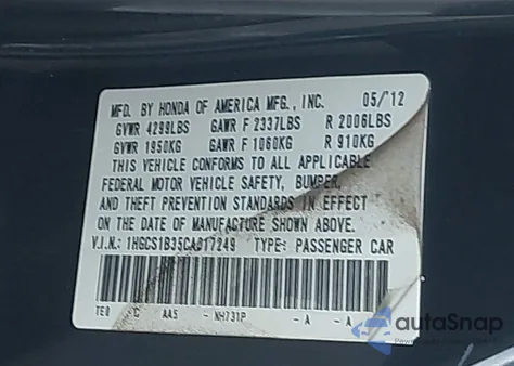 2012 Honda Accord 2.4 Lx-S from USA, damaged, VIN 1HGCS1B35CA017249